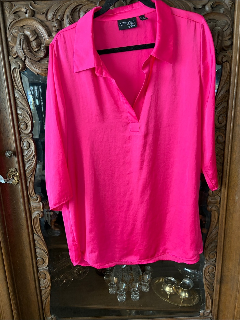 Attitudes by Renee Hot Pink Collared Tunic Blouse